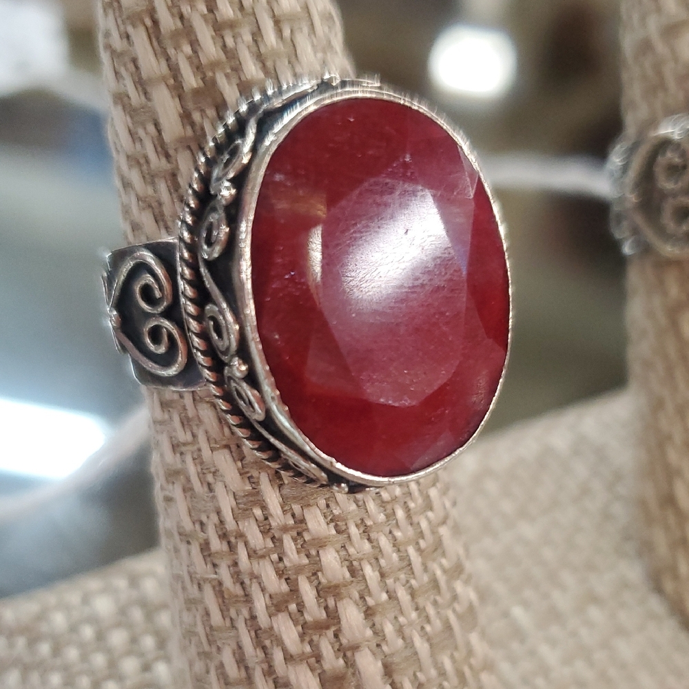 Nice Vintage  Marked BJC Rough Cut Ruby Sterling Ring